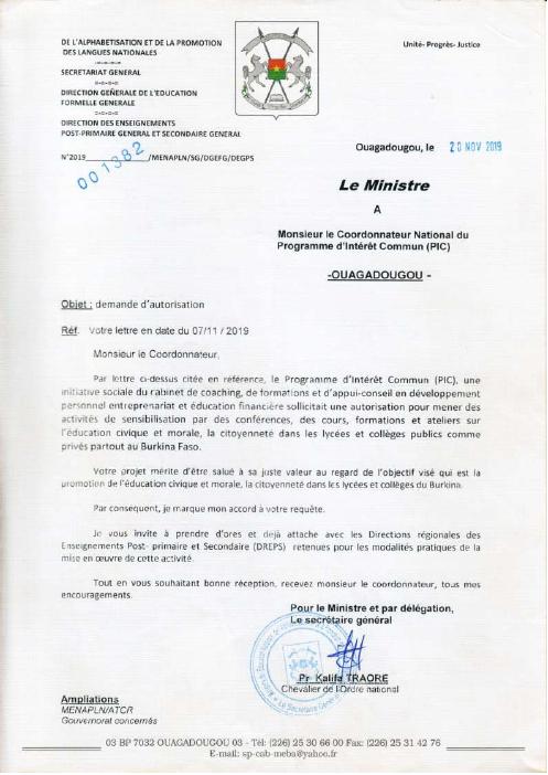 Lettre d'autorisation du MENAPLN du 20 novembre 2019