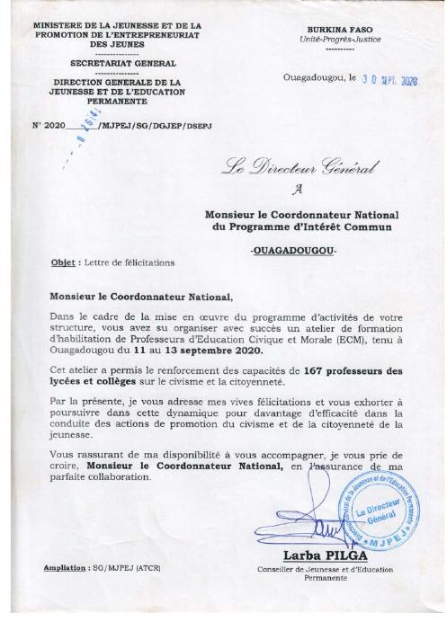 Lettre de félicitations du MJPEJ du 30 septembre 2020